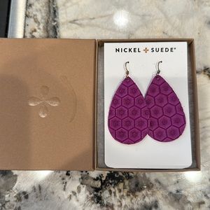 Nickel +Suede light weight leather,  tear drop, violet earrings